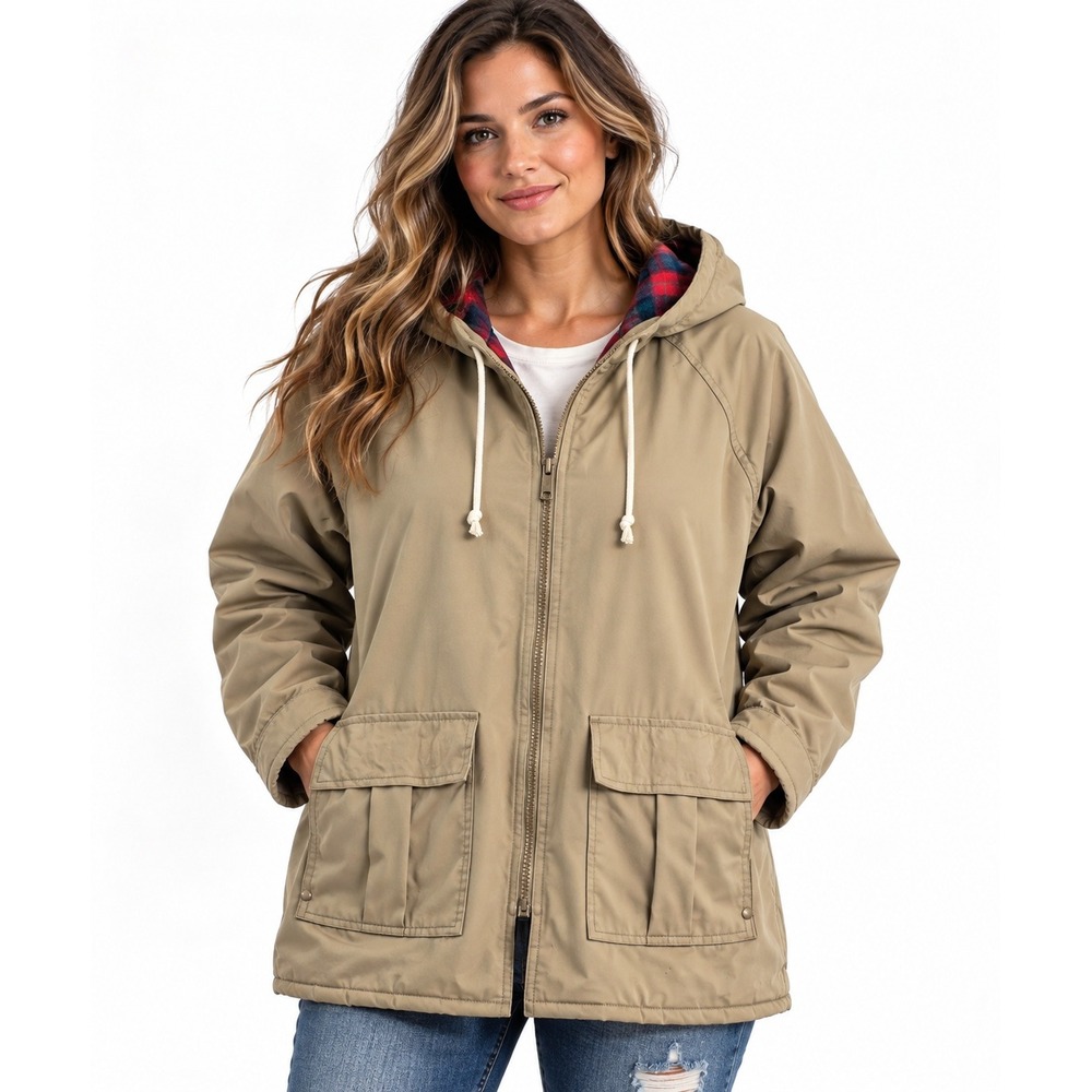 Misty Harbor Any Weather Slicker Hooded Rain Jacket Tan Plaid Lined
Sz Small